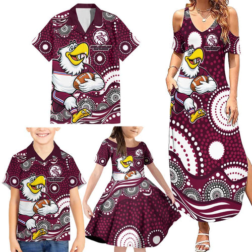 Manly Warringah Sea Eagles Family Matching Summer Maxi Dress and Hawaiian Shirt Aboriginal Dot Pattern - Rugby Mascot Heritage Pride