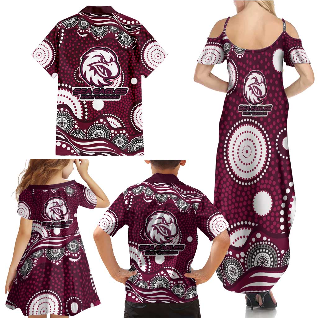 Manly Warringah Sea Eagles Family Matching Summer Maxi Dress and Hawaiian Shirt Aboriginal Dot Pattern - Rugby Mascot Heritage Pride