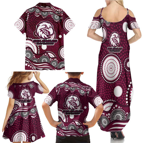 Manly Warringah Sea Eagles Family Matching Summer Maxi Dress and Hawaiian Shirt Aboriginal Dot Pattern - Rugby Mascot Heritage Pride