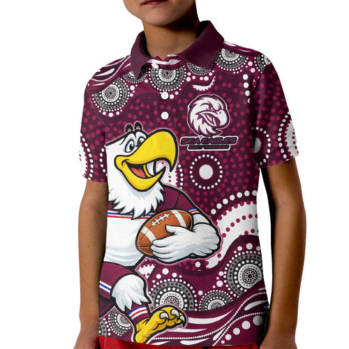 Manly Warringah Sea Eagles Kid Polo Shirt Aboriginal Dot Pattern - Rugby Mascot Heritage Pride