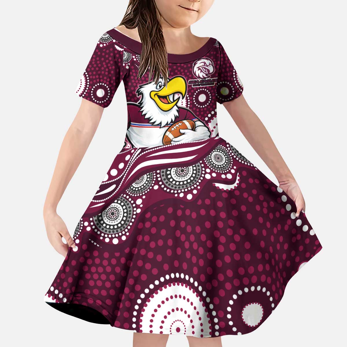 Manly Warringah Sea Eagles Kid Short Sleeve Dress Aboriginal Dot Pattern - Rugby Mascot Heritage Pride