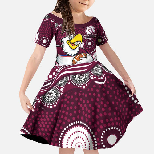 Manly Warringah Sea Eagles Kid Short Sleeve Dress Aboriginal Dot Pattern - Rugby Mascot Heritage Pride