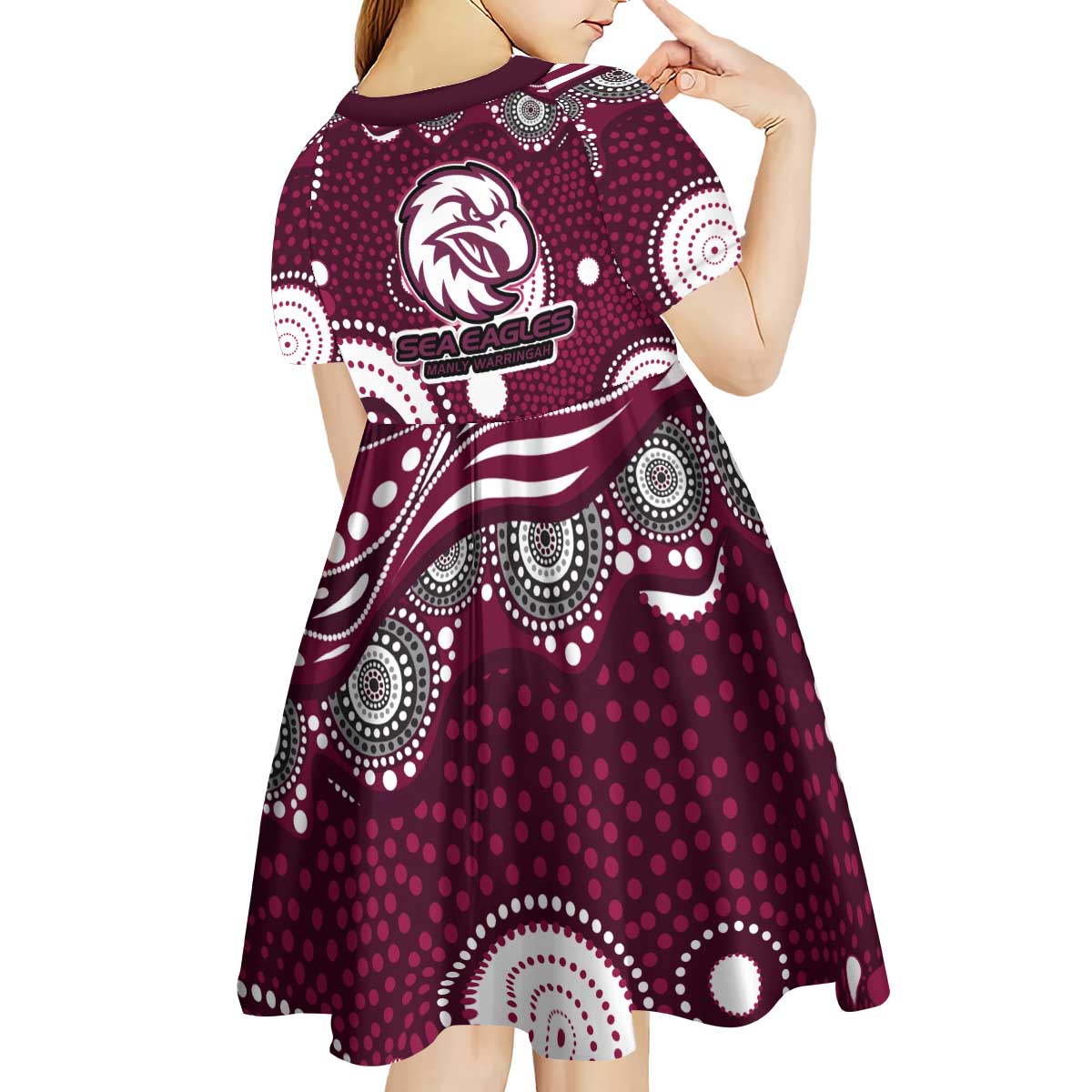 Manly Warringah Sea Eagles Kid Short Sleeve Dress Aboriginal Dot Pattern - Rugby Mascot Heritage Pride