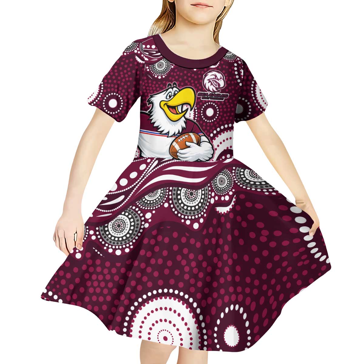 Manly Warringah Sea Eagles Kid Short Sleeve Dress Aboriginal Dot Pattern - Rugby Mascot Heritage Pride