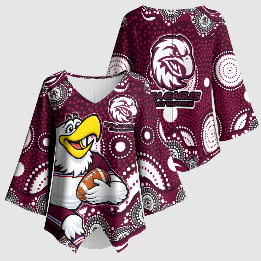 Manly Warringah Sea Eagles Kimono Sleeve Blouse Aboriginal Dot Pattern - Rugby Mascot Heritage Pride