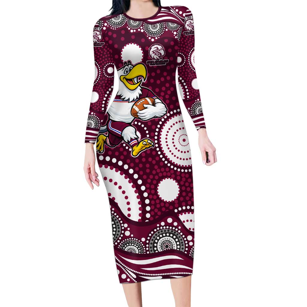 Manly Warringah Sea Eagles Long Sleeve Bodycon Dress Aboriginal Dot Pattern - Rugby Mascot Heritage Pride