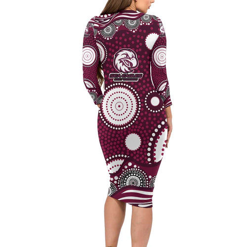Manly Warringah Sea Eagles Long Sleeve Bodycon Dress Aboriginal Dot Pattern - Rugby Mascot Heritage Pride