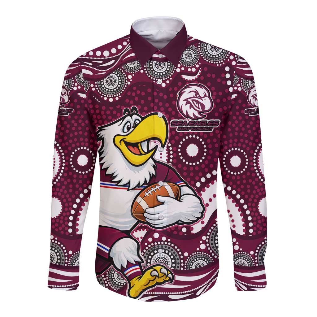 Manly Warringah Sea Eagles Long Sleeve Button Shirt Aboriginal Dot Pattern - Rugby Mascot Heritage Pride