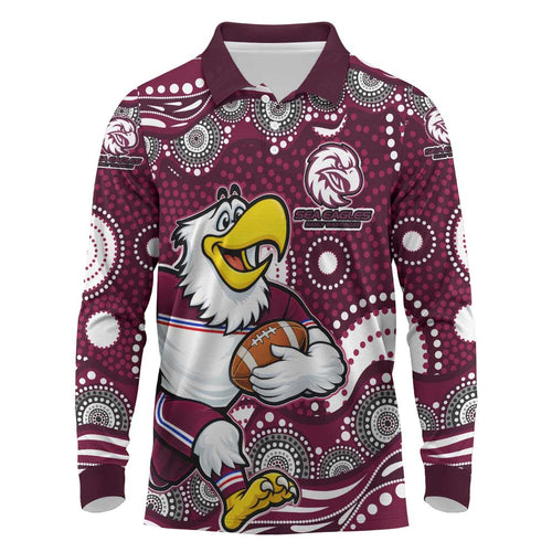 Manly Warringah Sea Eagles Long Sleeve Polo Shirt Aboriginal Dot Pattern - Rugby Mascot Heritage Pride