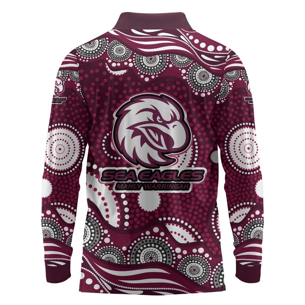 Manly Warringah Sea Eagles Long Sleeve Polo Shirt Aboriginal Dot Pattern - Rugby Mascot Heritage Pride