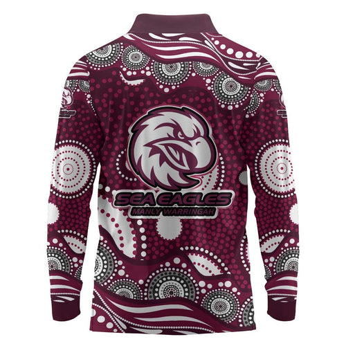 Manly Warringah Sea Eagles Long Sleeve Polo Shirt Aboriginal Dot Pattern - Rugby Mascot Heritage Pride