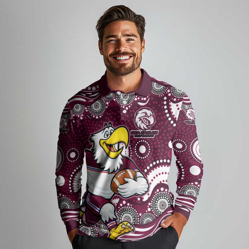 Manly Warringah Sea Eagles Long Sleeve Polo Shirt Aboriginal Dot Pattern - Rugby Mascot Heritage Pride