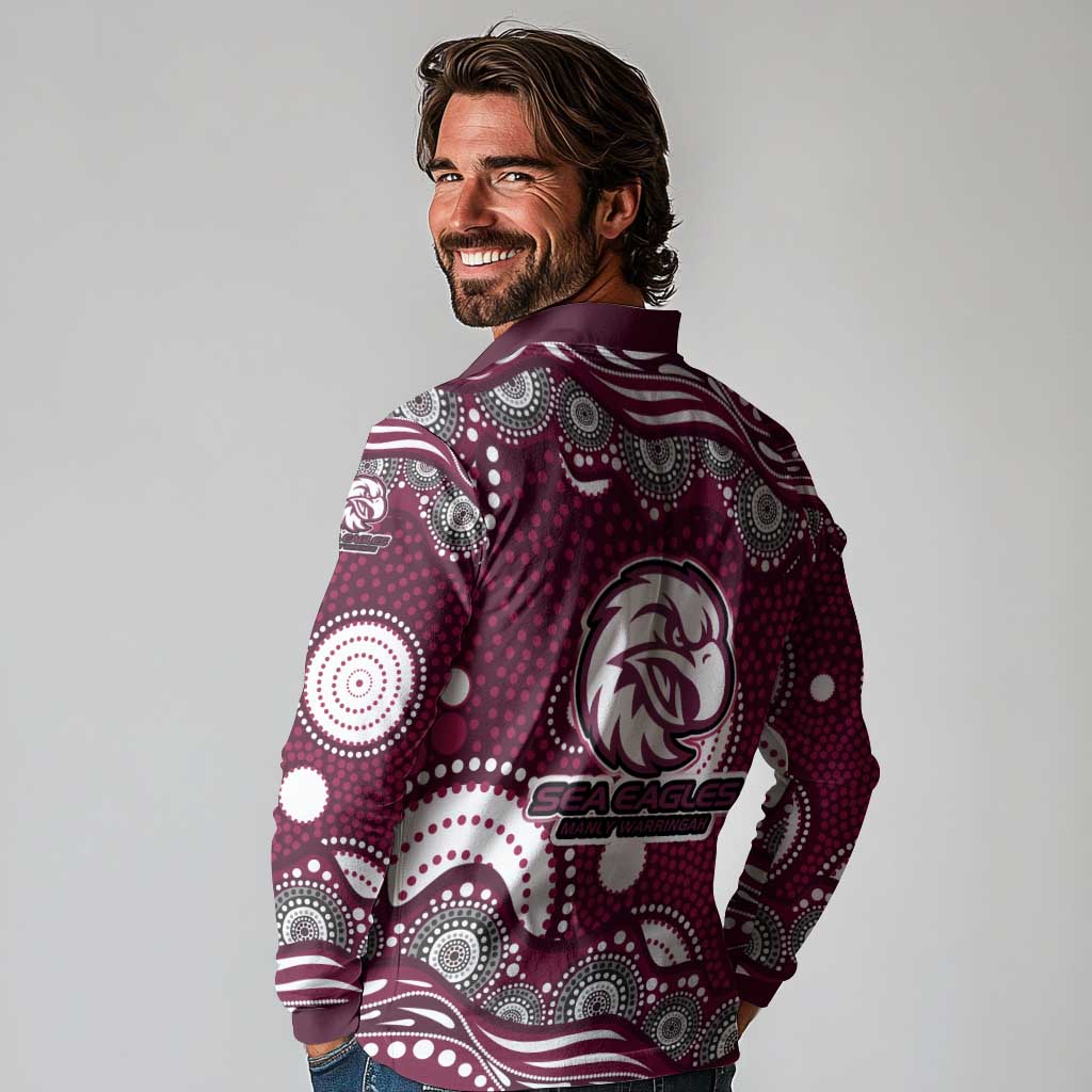 Manly Warringah Sea Eagles Long Sleeve Polo Shirt Aboriginal Dot Pattern - Rugby Mascot Heritage Pride