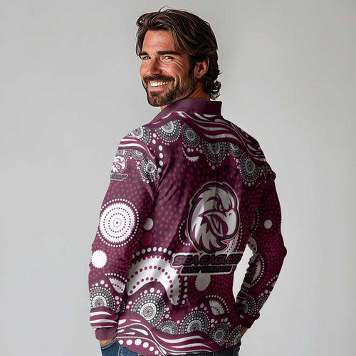 Manly Warringah Sea Eagles Long Sleeve Polo Shirt Aboriginal Dot Pattern - Rugby Mascot Heritage Pride