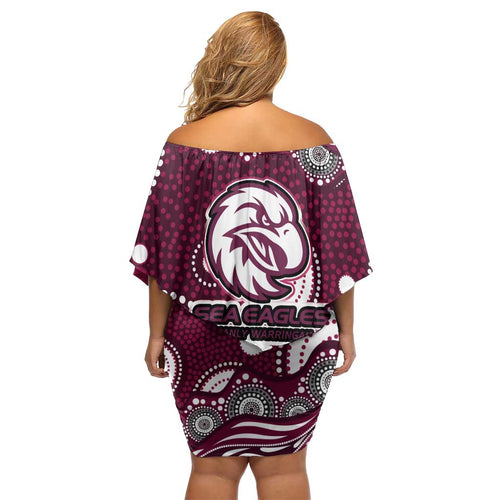 Manly Warringah Sea Eagles Off Shoulder Short Dress Aboriginal Dot Pattern - Rugby Mascot Heritage Pride