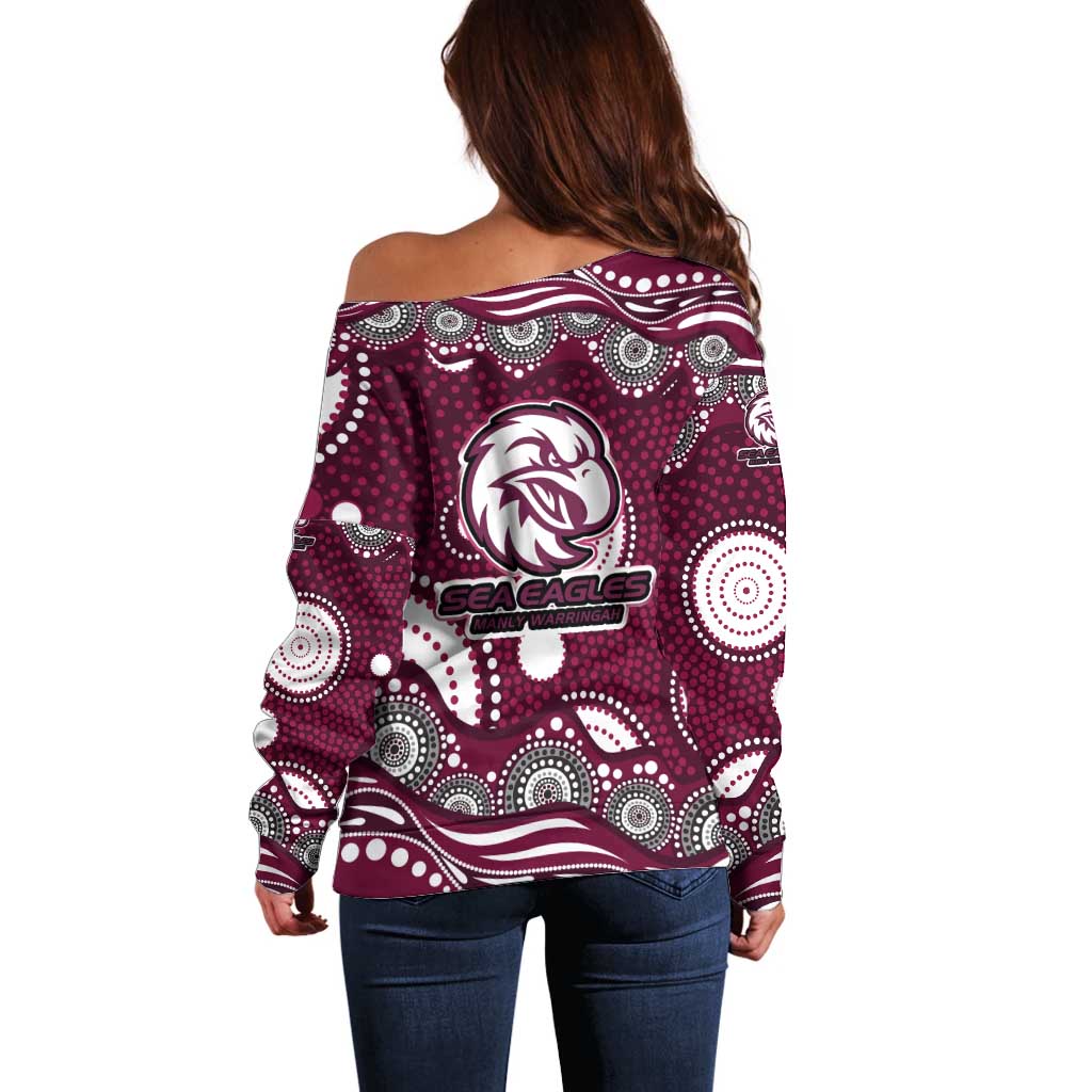 Manly Warringah Sea Eagles Off Shoulder Sweater Aboriginal Dot Pattern - Rugby Mascot Heritage Pride