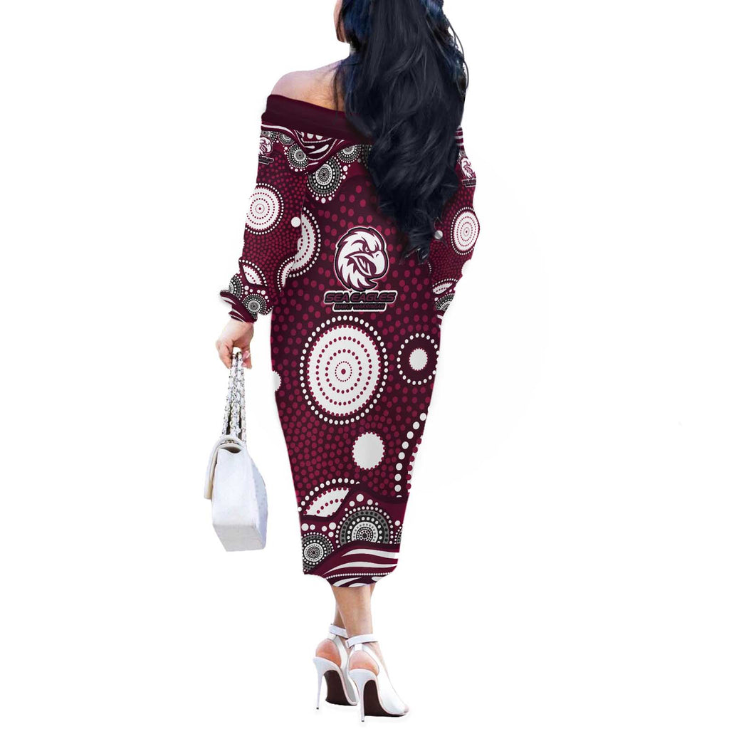 Manly Warringah Sea Eagles Off The Shoulder Long Sleeve Dress Aboriginal Dot Pattern - Rugby Mascot Heritage Pride