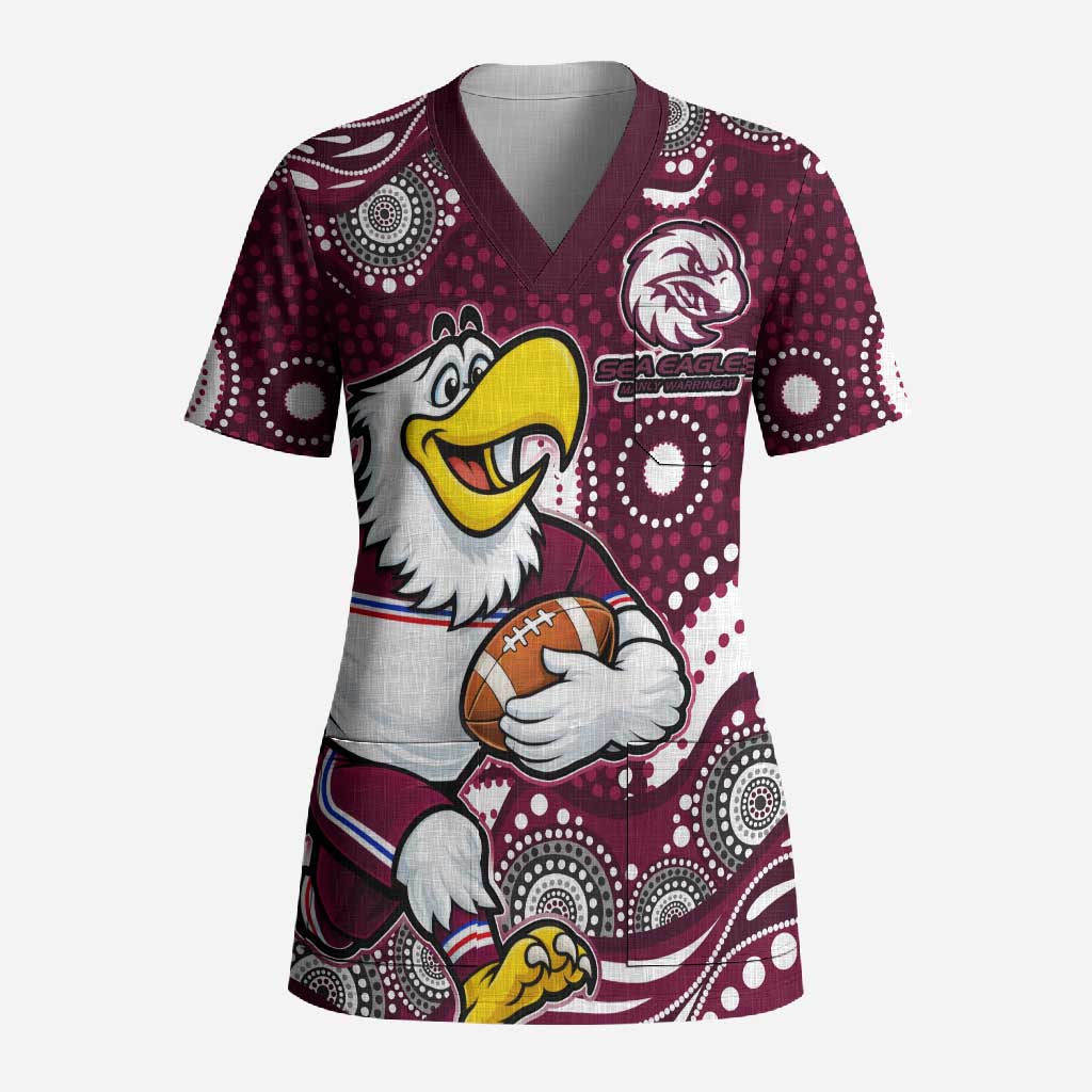 Manly Warringah Sea Eagles Scrub Top Aboriginal Dot Pattern - Rugby Mascot Heritage Pride