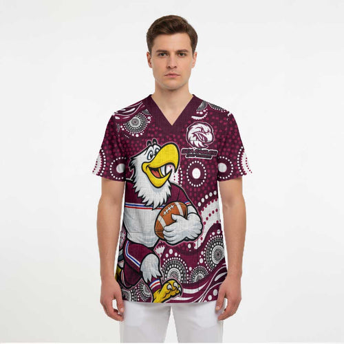 Manly Warringah Sea Eagles Scrub Top Aboriginal Dot Pattern - Rugby Mascot Heritage Pride