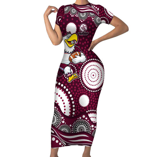 Manly Warringah Sea Eagles Short Sleeve Bodycon Dress Aboriginal Dot Pattern - Rugby Mascot Heritage Pride