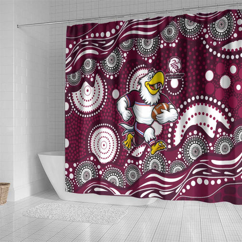 Manly Warringah Sea Eagles Shower Curtain Aboriginal Dot Pattern - Rugby Mascot Heritage Pride