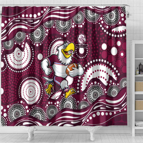 Manly Warringah Sea Eagles Shower Curtain Aboriginal Dot Pattern - Rugby Mascot Heritage Pride