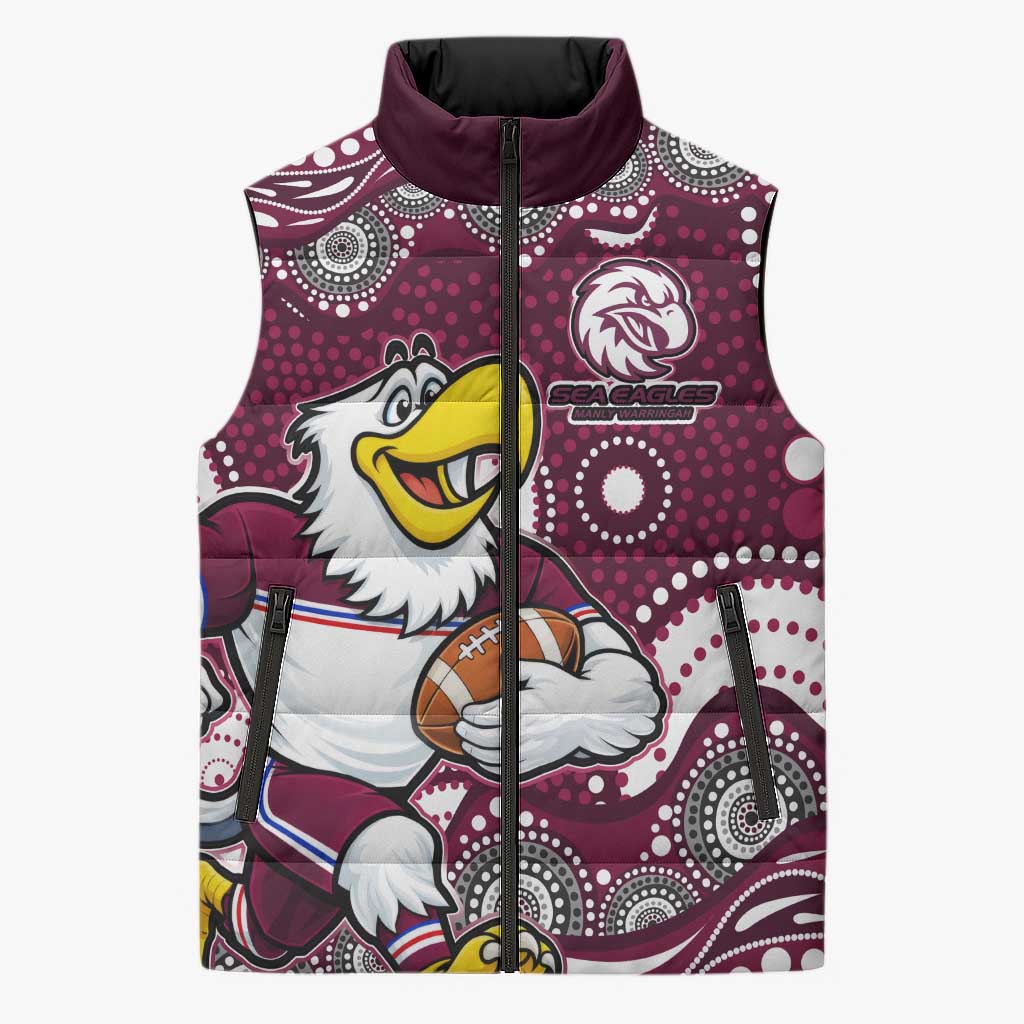Manly Warringah Sea Eagles Sleeveless Puffer Jacket Aboriginal Dot Pattern - Rugby Mascot Heritage Pride
