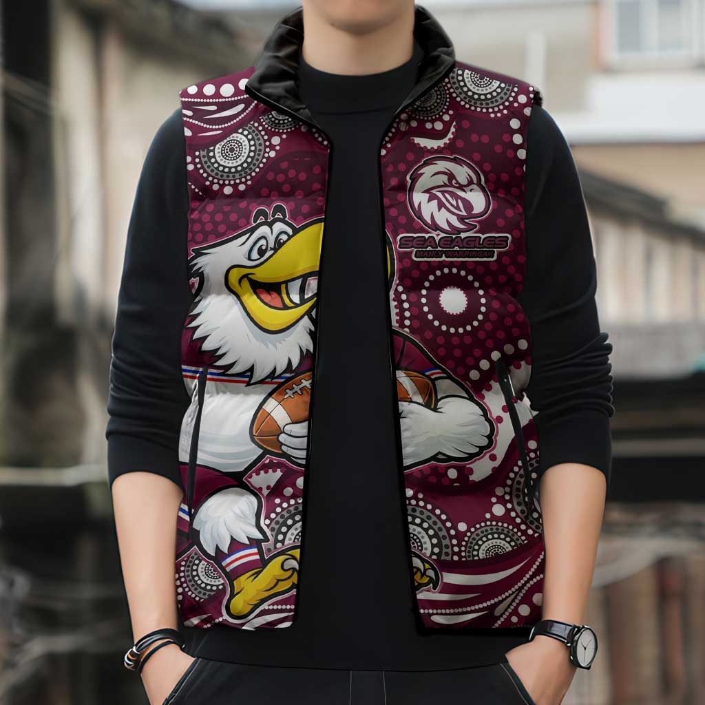 Manly Warringah Sea Eagles Sleeveless Puffer Jacket Aboriginal Dot Pattern - Rugby Mascot Heritage Pride