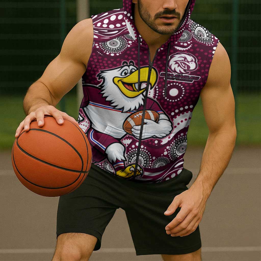 Manly Warringah Sea Eagles Sleeveless Zip Hoodie Aboriginal Dot Pattern - Rugby Mascot Heritage Pride