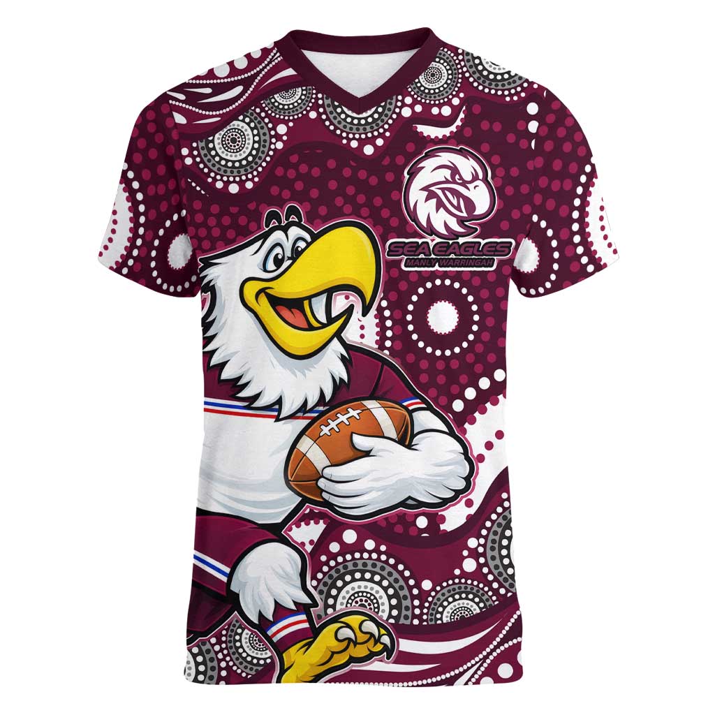 Manly Warringah Sea Eagles Women V-Neck T-Shirt Aboriginal Dot Pattern - Rugby Mascot Heritage Pride