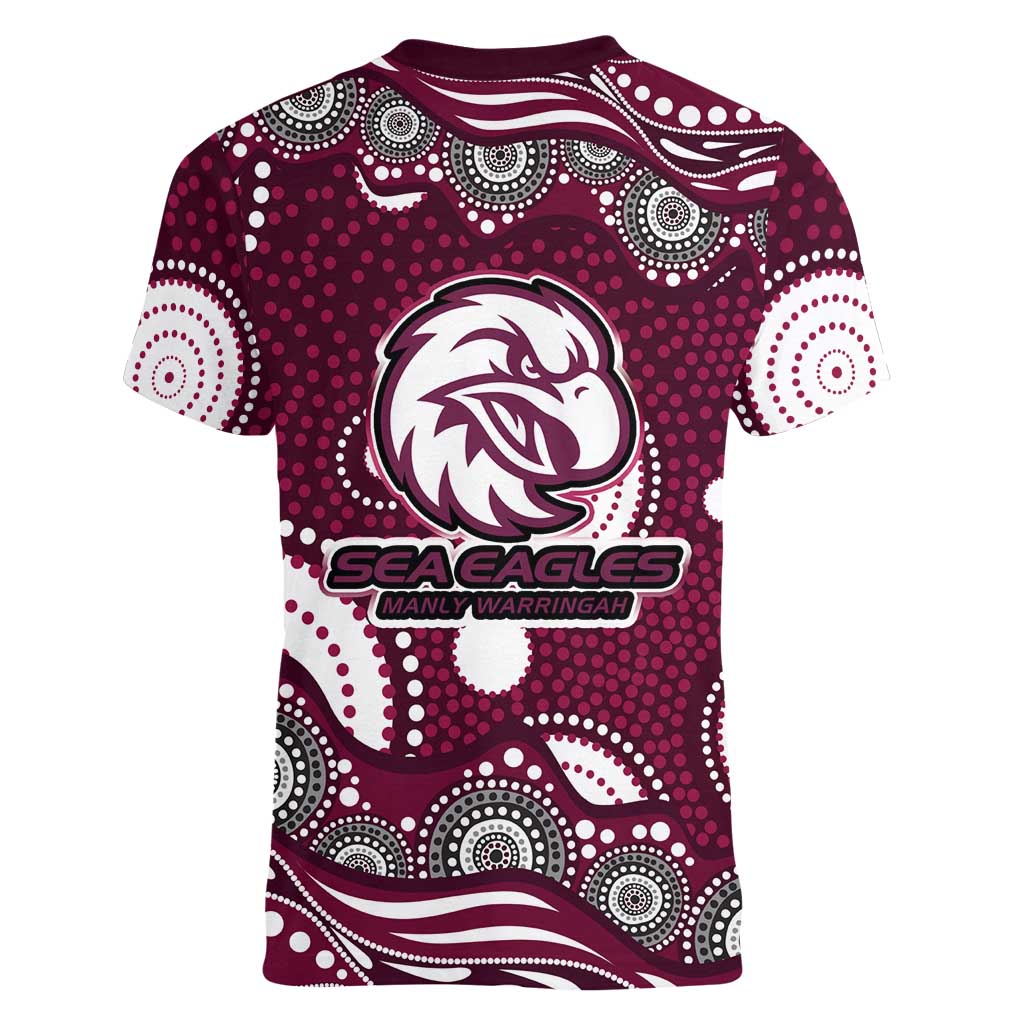 Manly Warringah Sea Eagles Women V-Neck T-Shirt Aboriginal Dot Pattern - Rugby Mascot Heritage Pride