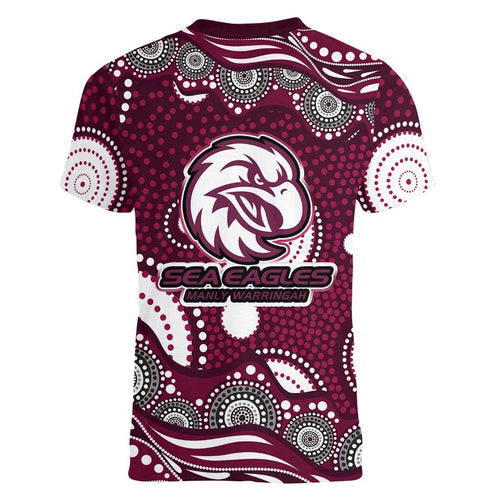 Manly Warringah Sea Eagles Women V-Neck T-Shirt Aboriginal Dot Pattern - Rugby Mascot Heritage Pride