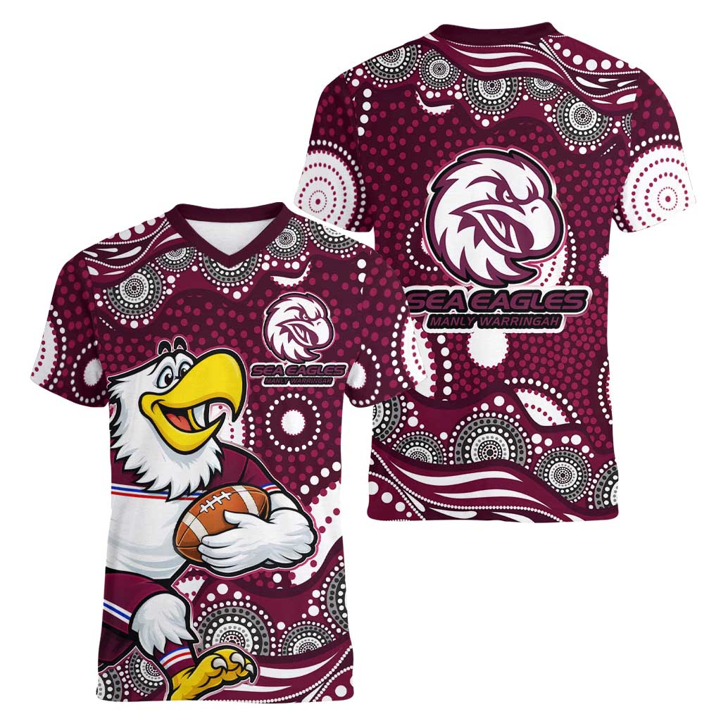 Manly Warringah Sea Eagles Women V-Neck T-Shirt Aboriginal Dot Pattern - Rugby Mascot Heritage Pride