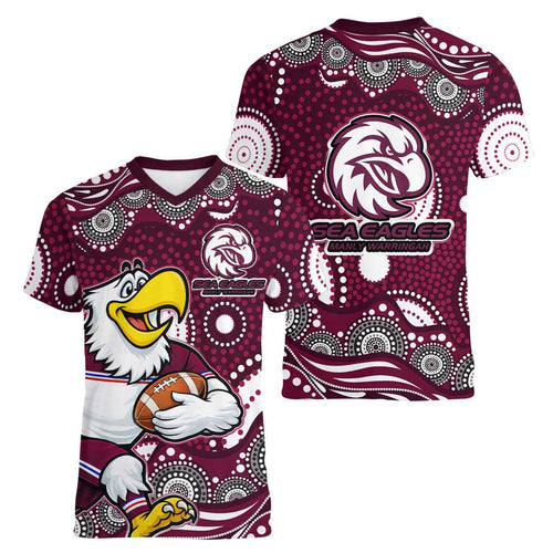 Manly Warringah Sea Eagles Women V-Neck T-Shirt Aboriginal Dot Pattern - Rugby Mascot Heritage Pride