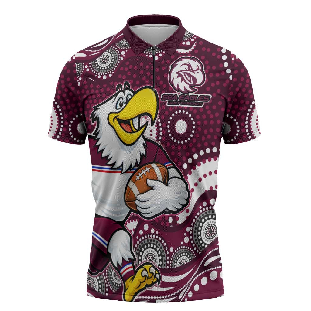 Manly Warringah Sea Eagles Zipper Polo Shirt Aboriginal Dot Pattern - Rugby Mascot Heritage Pride