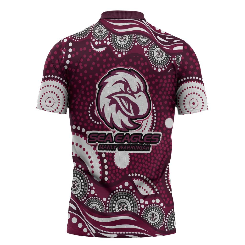 Manly Warringah Sea Eagles Zipper Polo Shirt Aboriginal Dot Pattern - Rugby Mascot Heritage Pride