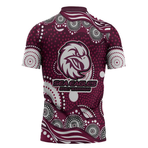 Manly Warringah Sea Eagles Zipper Polo Shirt Aboriginal Dot Pattern - Rugby Mascot Heritage Pride