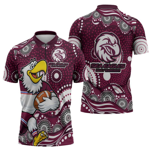 Manly Warringah Sea Eagles Zipper Polo Shirt Aboriginal Dot Pattern - Rugby Mascot Heritage Pride