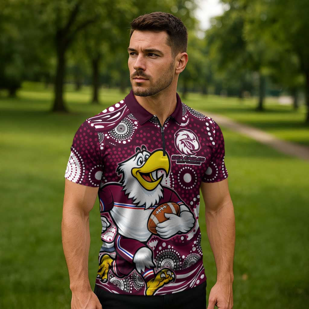 Manly Warringah Sea Eagles Zipper Polo Shirt Aboriginal Dot Pattern - Rugby Mascot Heritage Pride