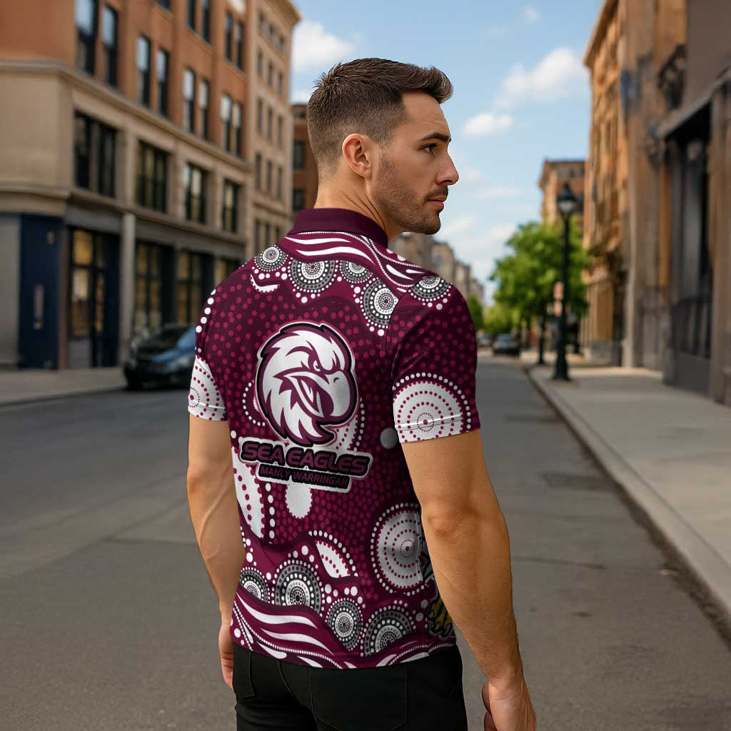 Manly Warringah Sea Eagles Zipper Polo Shirt Aboriginal Dot Pattern - Rugby Mascot Heritage Pride