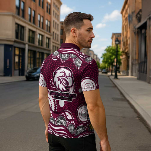 Manly Warringah Sea Eagles Zipper Polo Shirt Aboriginal Dot Pattern - Rugby Mascot Heritage Pride