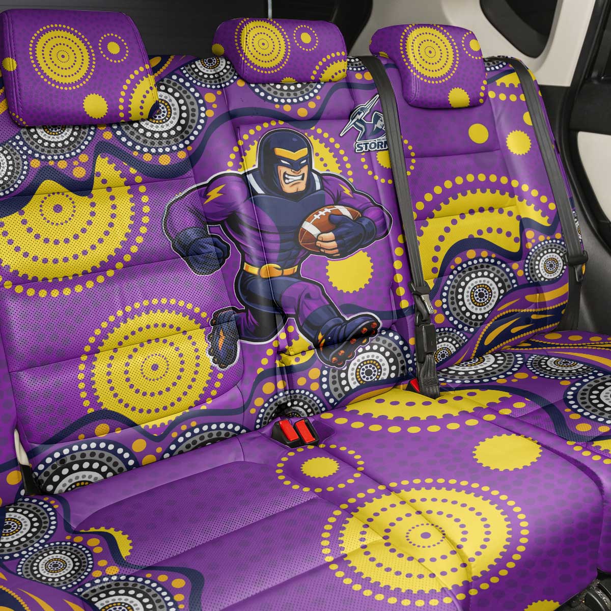 Melbourne Storm Back Car Seat Cover Aboriginal Dot Pattern - Rugby Mascot Heritage Pride