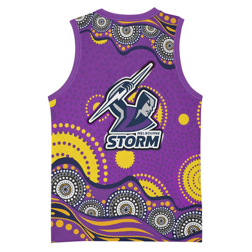 Melbourne Storm Basketball Jersey Aboriginal Dot Pattern - Rugby Mascot Heritage Pride