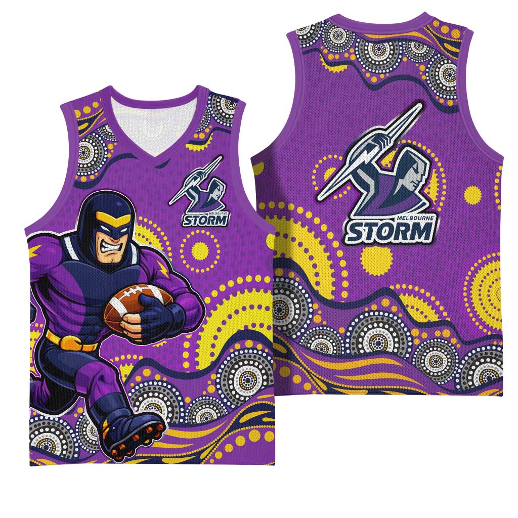Melbourne Storm Basketball Jersey Aboriginal Dot Pattern - Rugby Mascot Heritage Pride