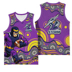 Melbourne Storm Basketball Jersey Aboriginal Dot Pattern - Rugby Mascot Heritage Pride