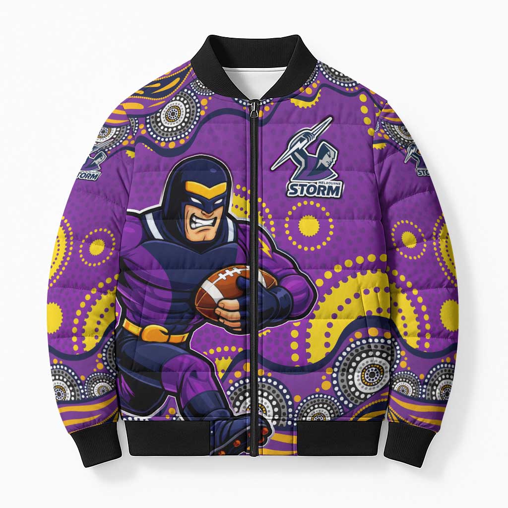 Melbourne Storm Bomber Puffer Jacket Aboriginal Dot Pattern - Rugby Mascot Heritage Pride