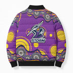 Melbourne Storm Bomber Puffer Jacket Aboriginal Dot Pattern - Rugby Mascot Heritage Pride