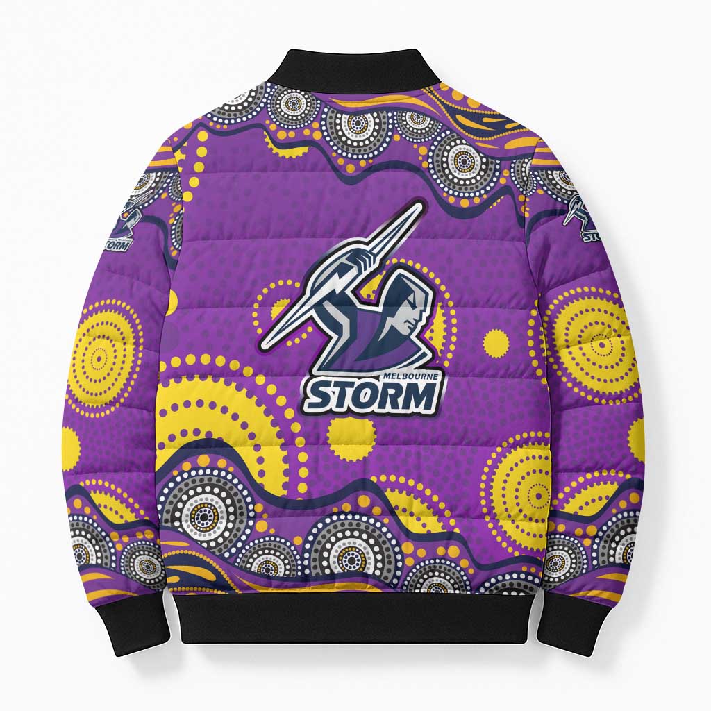 Melbourne Storm Bomber Puffer Jacket Aboriginal Dot Pattern - Rugby Mascot Heritage Pride