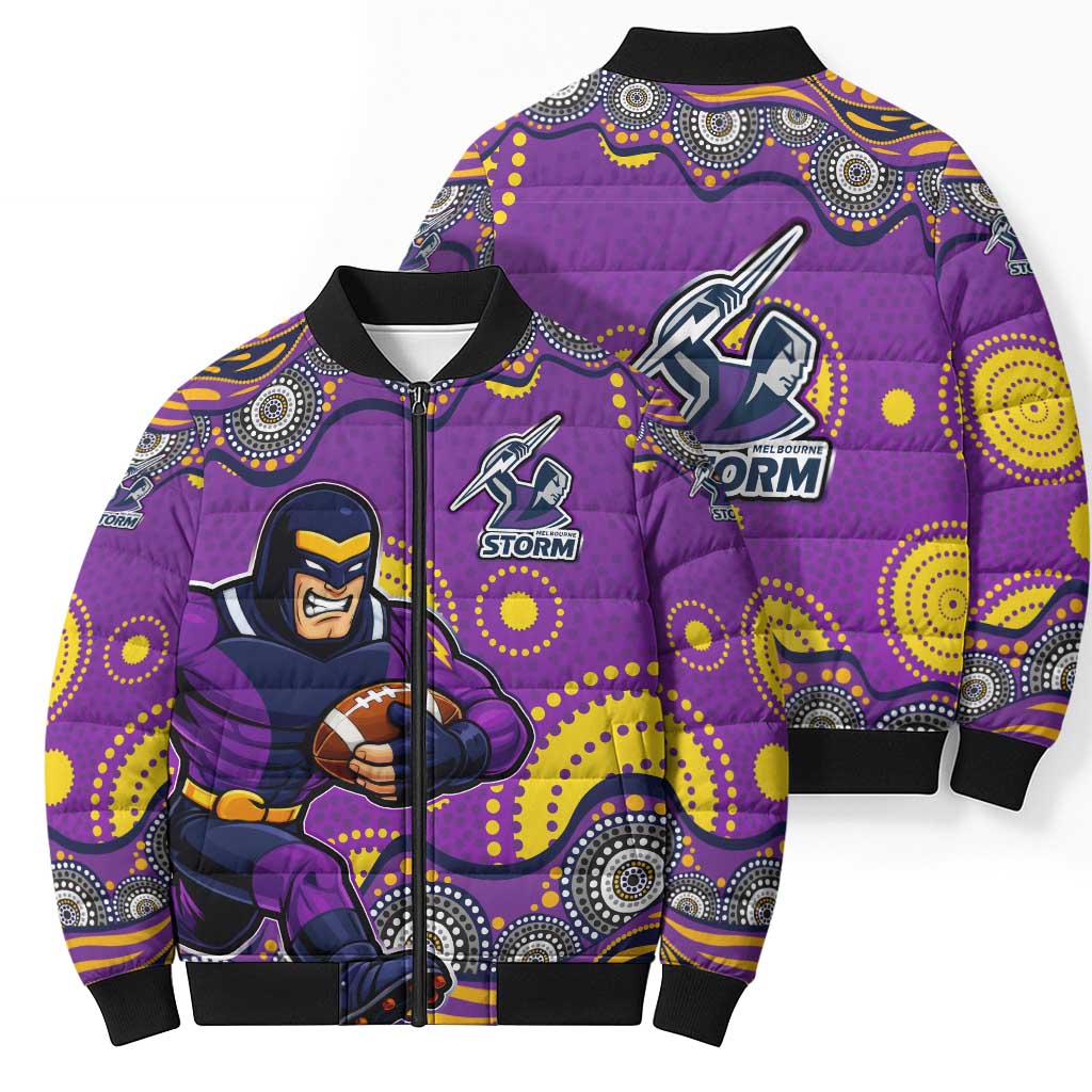 Melbourne Storm Bomber Puffer Jacket Aboriginal Dot Pattern - Rugby Mascot Heritage Pride