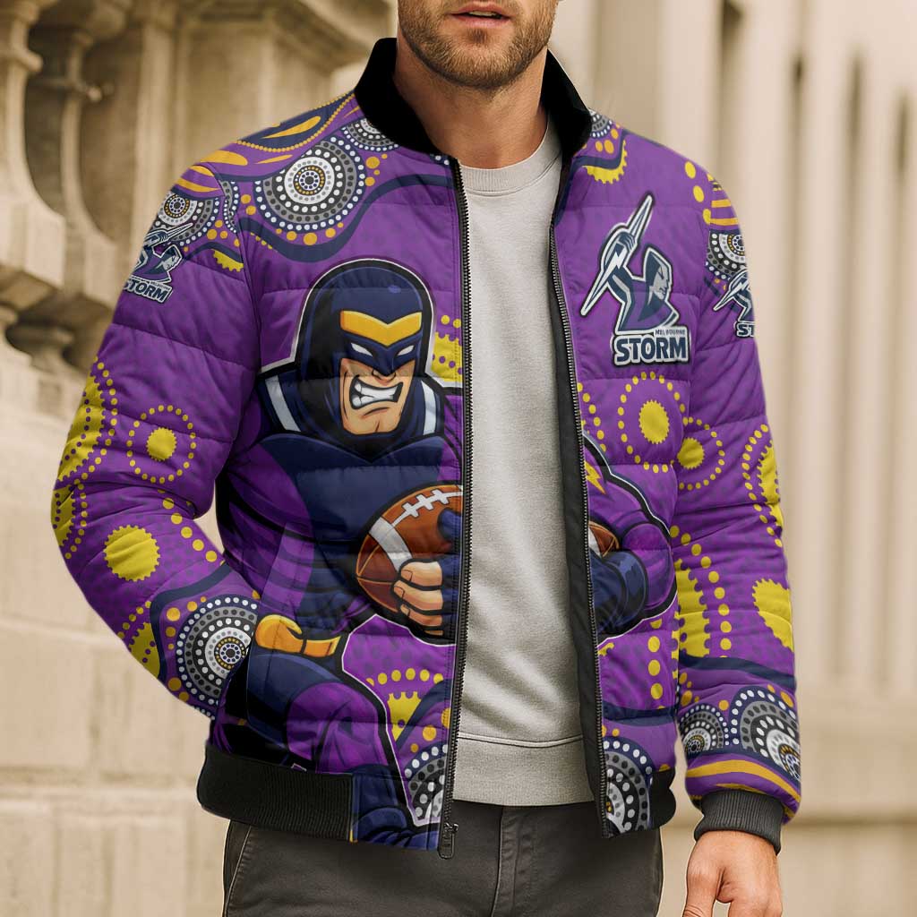 Melbourne Storm Bomber Puffer Jacket Aboriginal Dot Pattern - Rugby Mascot Heritage Pride